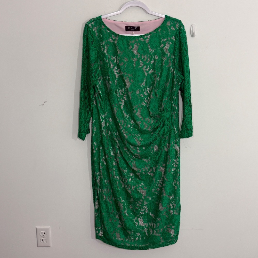 Kasper Womens Dress 1X Green Lace Sheath Ruched Cocktail Wedding Guest Feminine